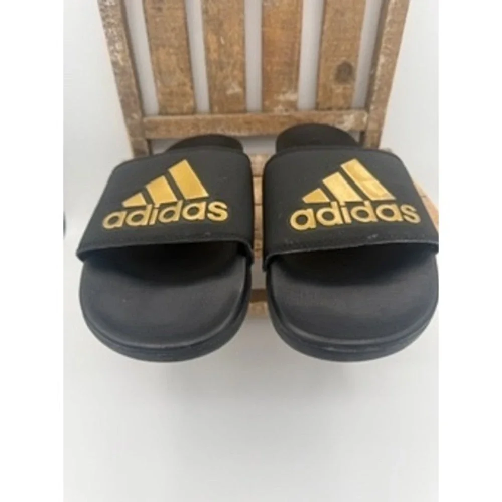 Adidas‎ Adilette Comfort Slides Mens 8 Black Gold Excellent Athletic Sandals